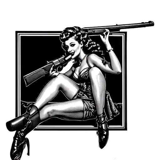 A Dotwork Design Of A Vintage Pin-up Girl Sitting On A Hunting Rifle With A Cigar In Her Mouth