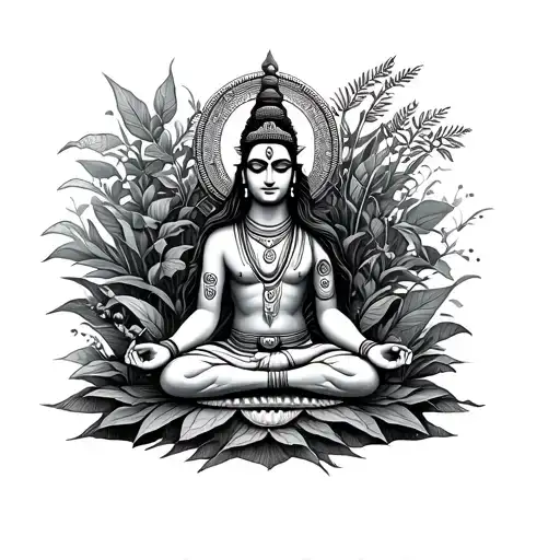 A Tattoo Design Featuring Shiva Meditating In A Serene Garden Surrounded By Plants