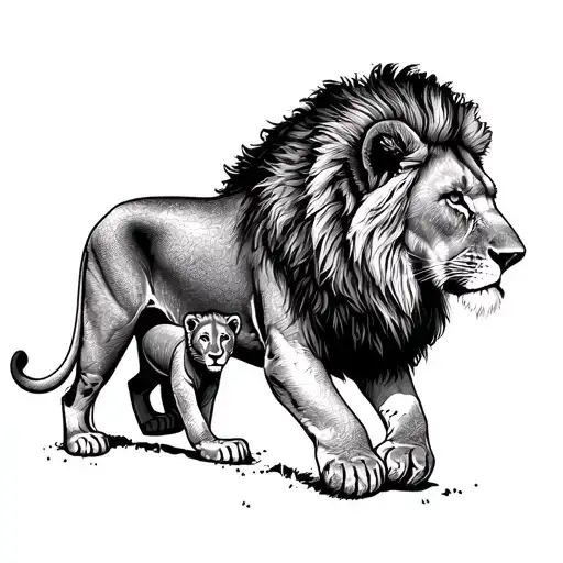 Lion Protecting Cubs Walking