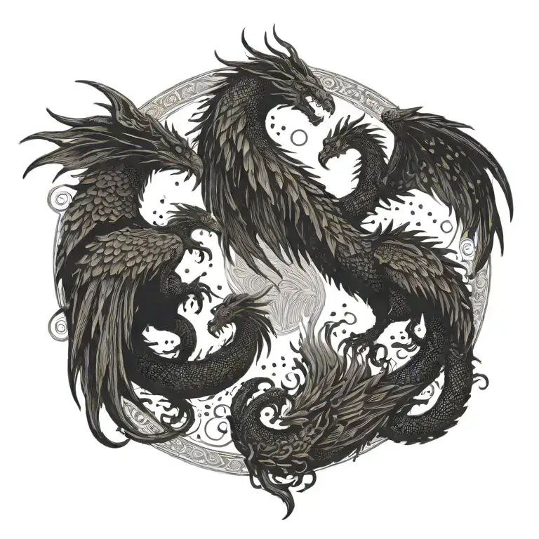 A Dragon And Phoenix Facing Each Other With The Silhouette Of A Family In The Background