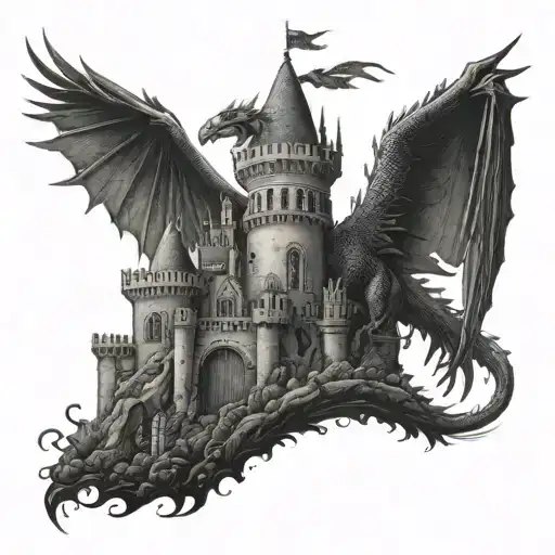 A Fantasy Castle With A Dragon Flying Overhead And A Phoenix Perched On A Turret