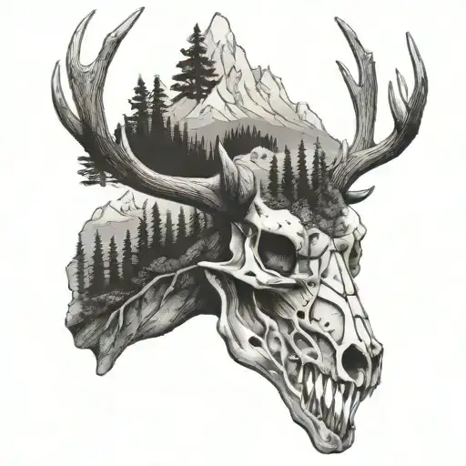 A Deer Skull Decorated With Mountain Scenery And Pine Trees