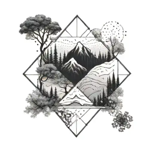 A Trading Chart Intertwined With Elements Of Nature Like Trees And Mountains