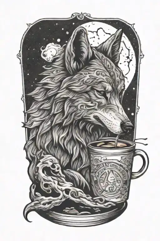 A Vulgarity-themed Wolf Howling At The Moon With A Cup Of Iced Coffee In Hand