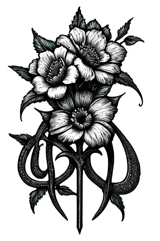 Flowers And Trident With Embroidery