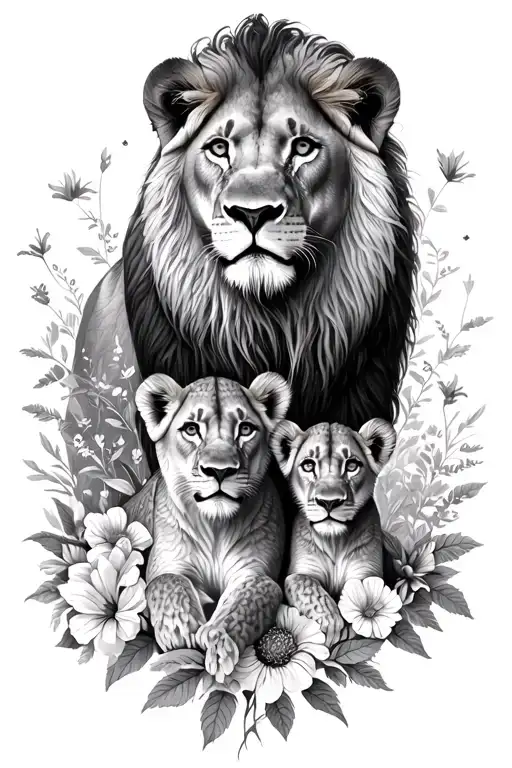 Female Lion And 2 Cubs Above 2 Cubs Below And Some Flowers Around Them