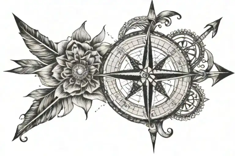 Compass Rose On An Arrow With Unalome Symbol Intertwined