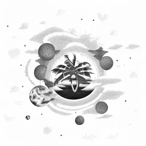 Island With Palm Tree And Sunset Fading Into Outerspace