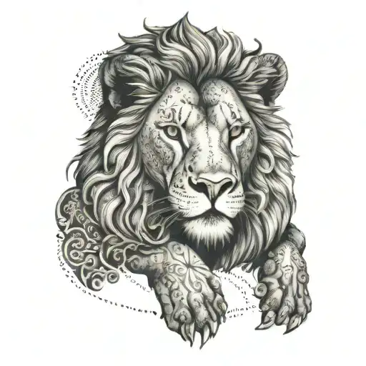 An Intricate Tattoo Featuring A Biblical Verse Intertwined With A Majestic Lion In Dotwork Style