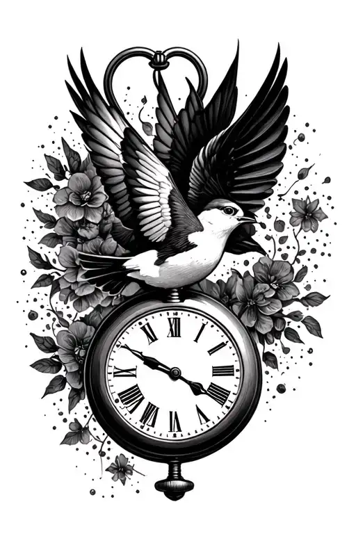 Pocket Watch And Swallow Bird Flying
