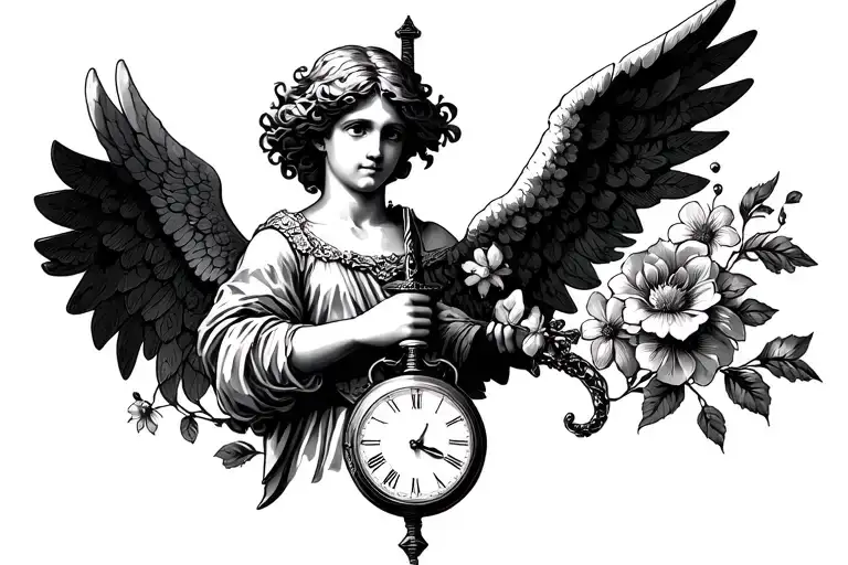Angel Holding A Sword With Pocket Watch And Flowers