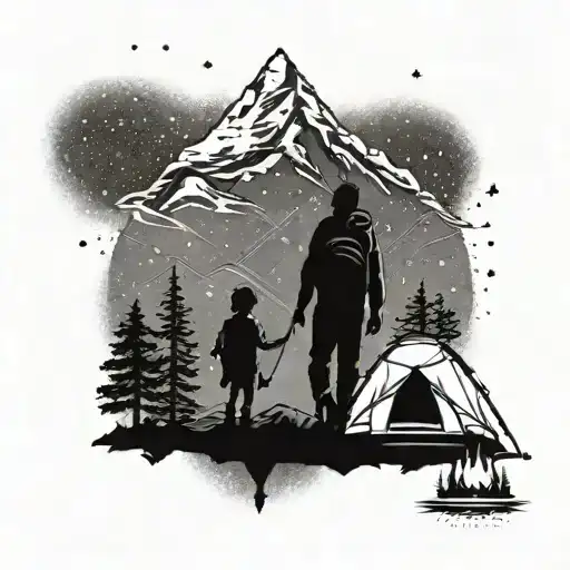 A Silhouette Of A Father And Child Camping Under The Stars With A Mountain Backdrop