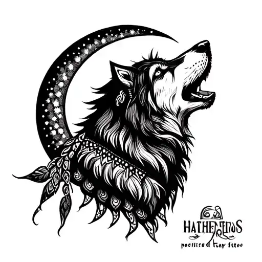 Indian With Wolf Howling Wolf Under A Crescent