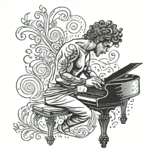 A Greek God Playing The Piano With Artistic Flourishes And Mythological Symbols Surrounding Them