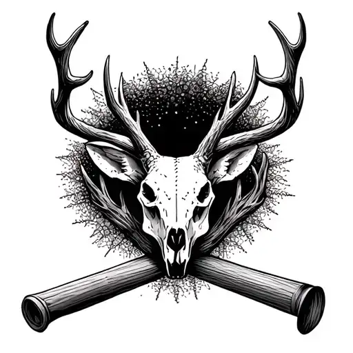 A Deer Skull With Antlers Intertwined With A Baseball Bat