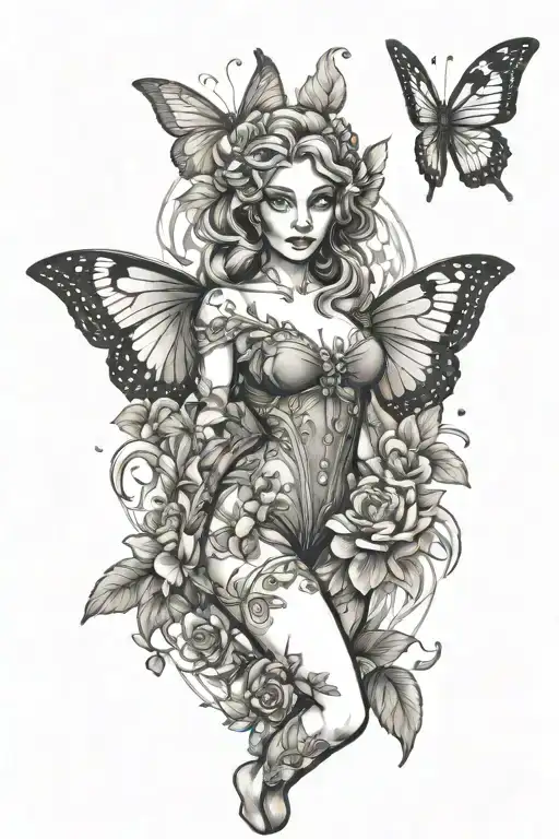 Full Body Elf Pinup Girl Surrounded By Flowers And Butterflies