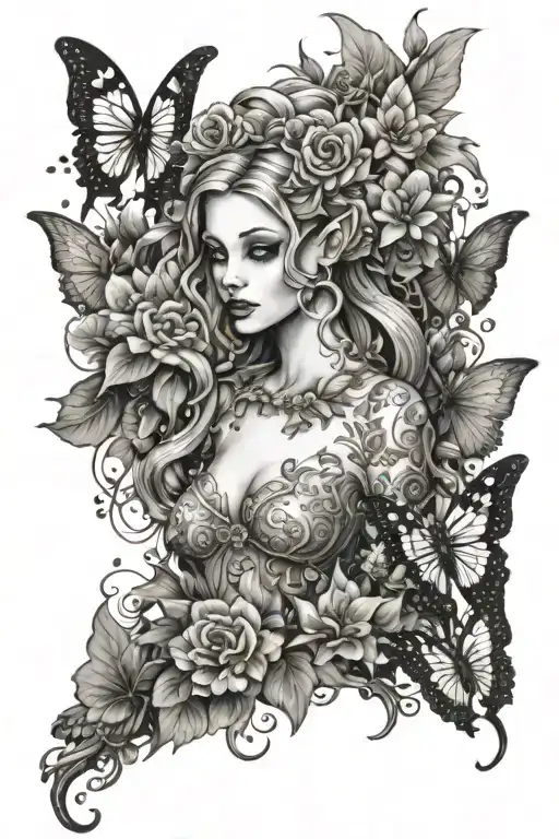 Full Body Elf Fairy Pinup Girl Surrounded By Flowers And Butterflies