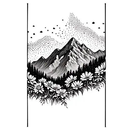 A Dotwork Tattoo Of A Mountain Range With Flowers Blooming Along The Peaks