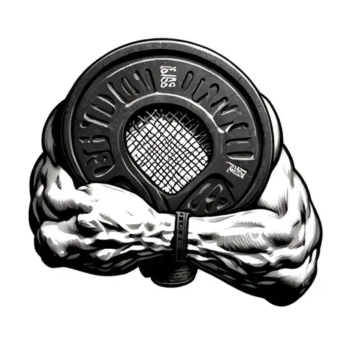Muscular Arm Holding A Tennis Racket With Weight Plates As Strings