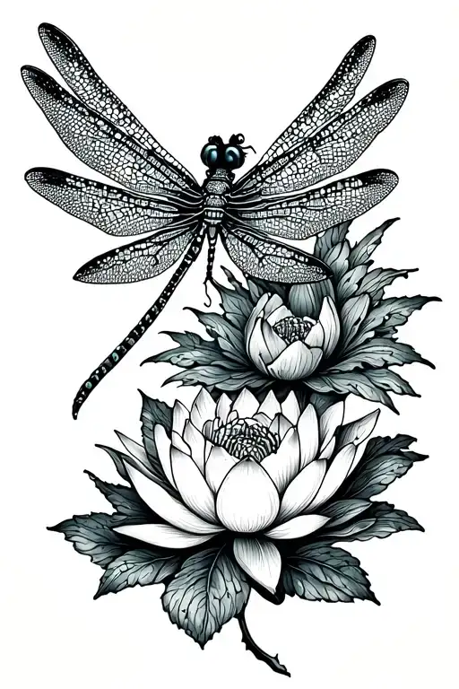 Dragonfly With Lotus Flower Blooming
