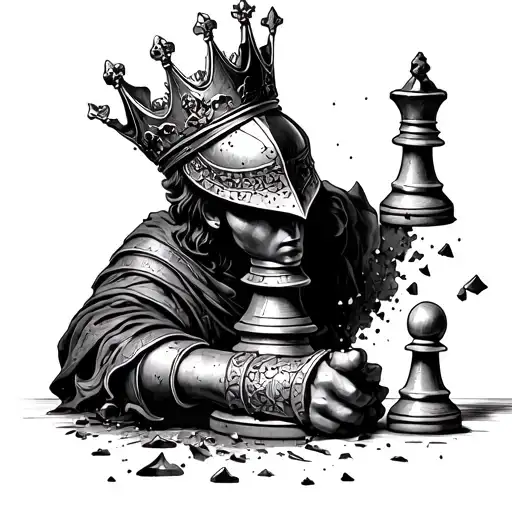 Chess Piece Knight With A Crown Breaking Off A Pawn
