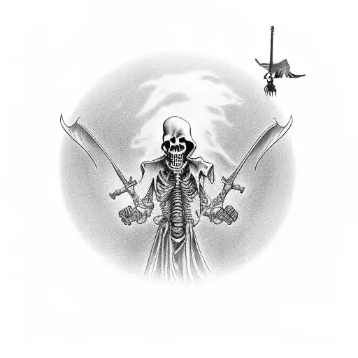 Grim Reaper Standing In A Cementery With A Clock In His Hand Surounded By Crows