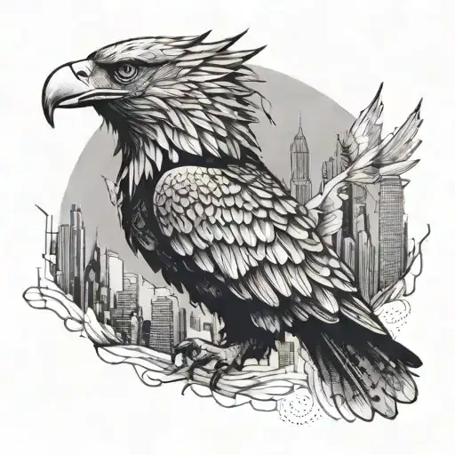 An Eagle With Wings Made Of Sheet Music Flying Over A City Skyline