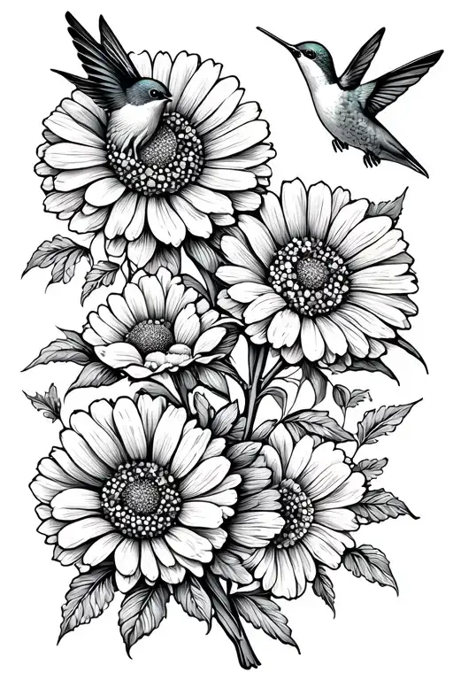 Marigold Flowers With Two Hummingbirds