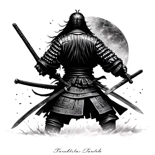 Samurai With Swords In Full Growth From The Back