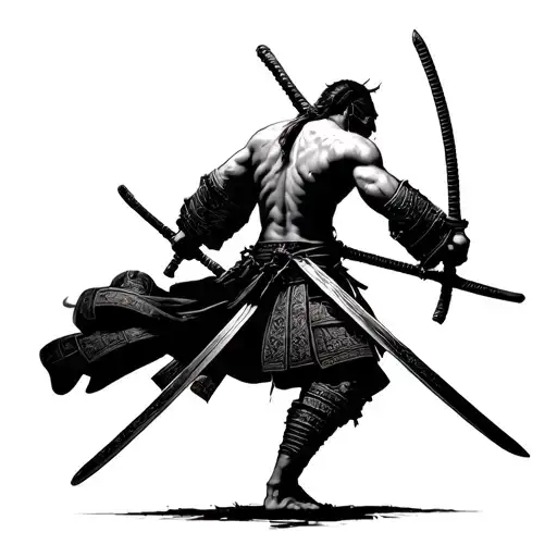 Samurai With Swords In Full Height From The Back With A Naked Torso