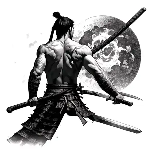 Samurai With Swords In Full Height From The Back With Naked Anime Torso