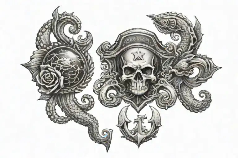 Intricate Design Combining Police Badge And Marine Corps Emblem With Deep Sea Creatures