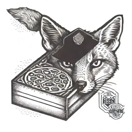 A Dotwork Tattoo Of A Pizza Box With A Fox Peeking Out And A Police Badge On The Lid