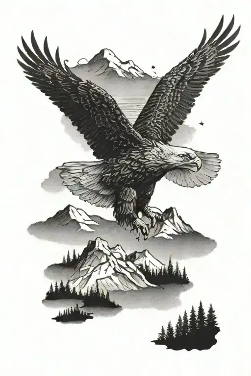 Mountains And Trees With An Eagle Flying Overhead