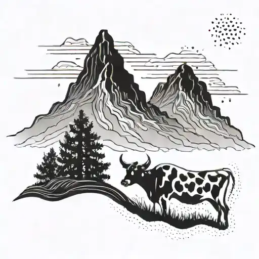 A Cow And Husband Silhouetted Against A Mountain Sunset