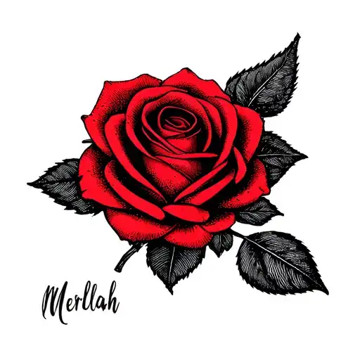 Minimalist Vertical Line Cursive Name Merliah With Red Rose