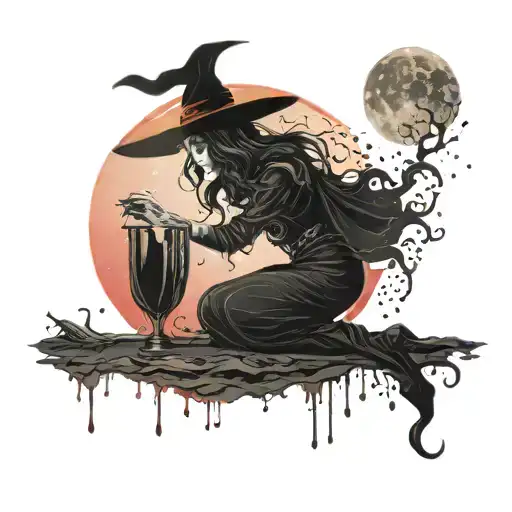 Design A Silhouette Of A Witch Casting A Spell Under A Red Moon