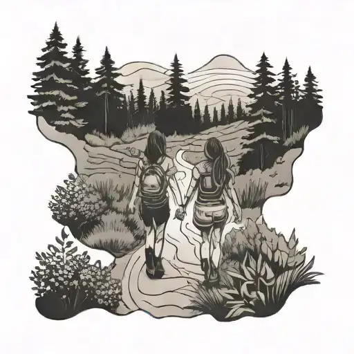 A Hiking Trail Winding Through A Forest With Twin Daughters Holding Hands