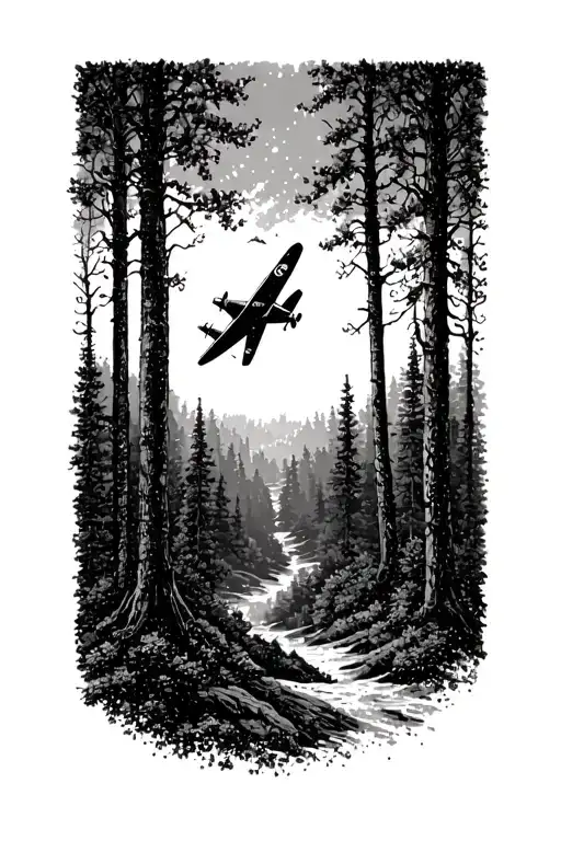 A Vintage Airplane Soaring Through A Forest Scene