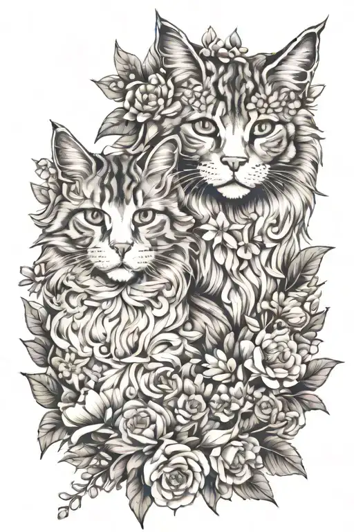 Maine Coon And White Cat In Flowers