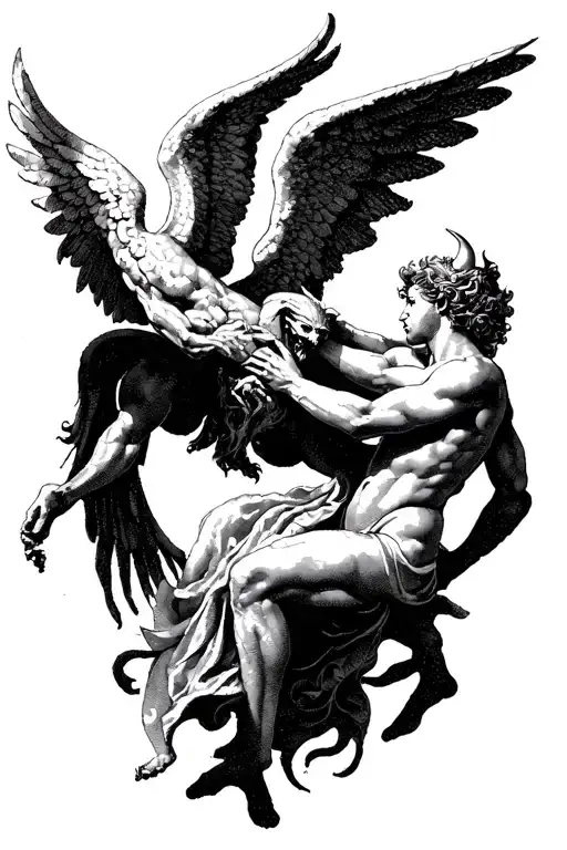 Angel Fighting The Devil Pointillism Simple Tattoo Design