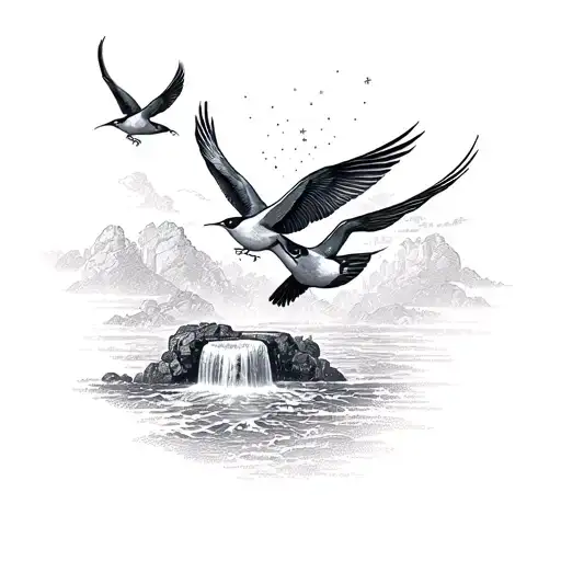 Swallows Flying Above An Aquarius Waterfall Japanese Style