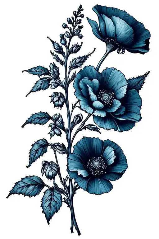 Fine Line Tattoo Design Combining Entwined Of One Larkspur And One Poppy With Two Carnation