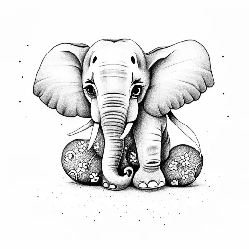 Baby Elephant Sitting Down With Yellow And Blue Flowers