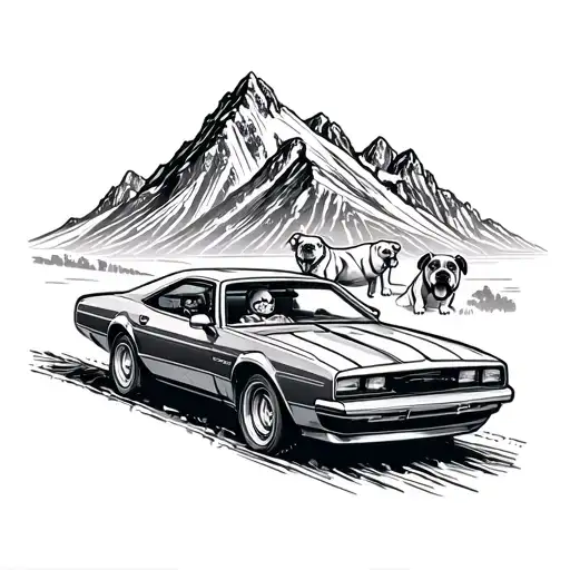 A Fast Car Speeding Through A Mountainous Landscape With A Bulldog In The Passenger Seat