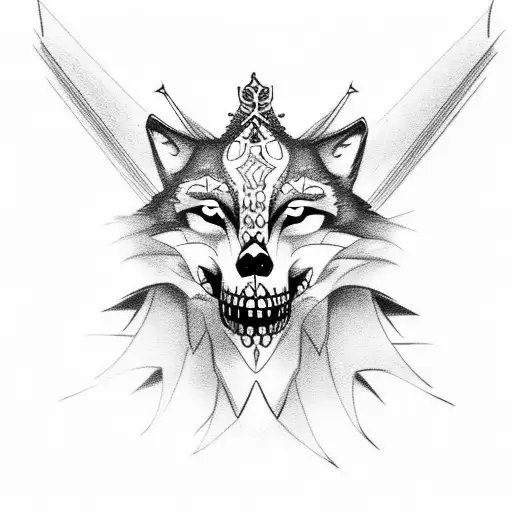 Wolf With Santa Muerte Skull In Mouth