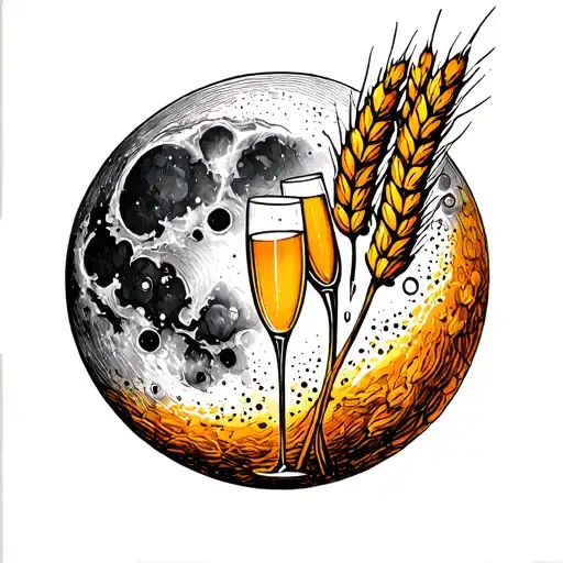 Golden-orange Full Moon With Two Wheat Stalks And Champagne Glass