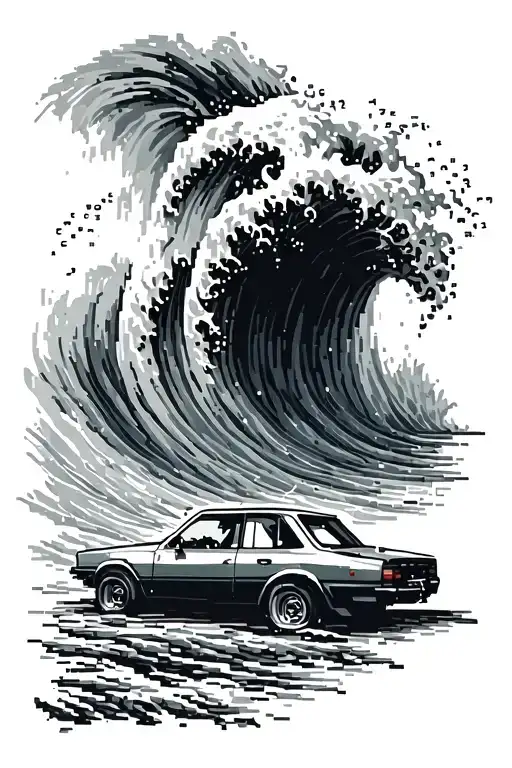 A Pixel Art Style Tattoo Of A Computer Code Snippet Forming A Wave Crashing Into A Car Silhouette