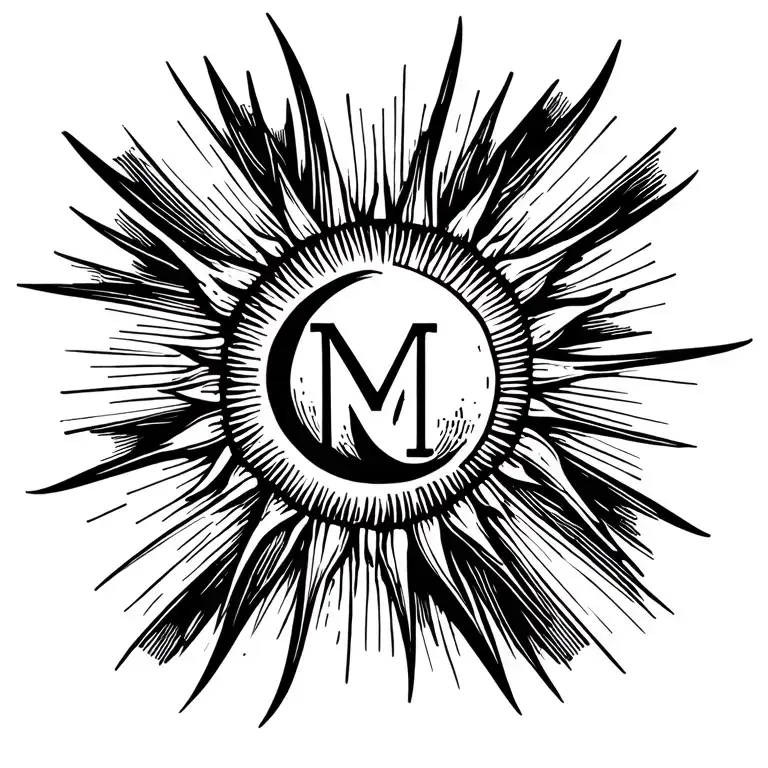 A Sun With Thin Line And Dots Rays Shining Brightly With A Letter M Subtly Hidden In The Design