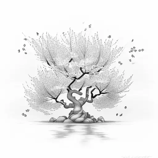 A Black-grey Tattoo Of A Wind-swept Cherry Blossom Tree With Delicate Petals Floating In The Air